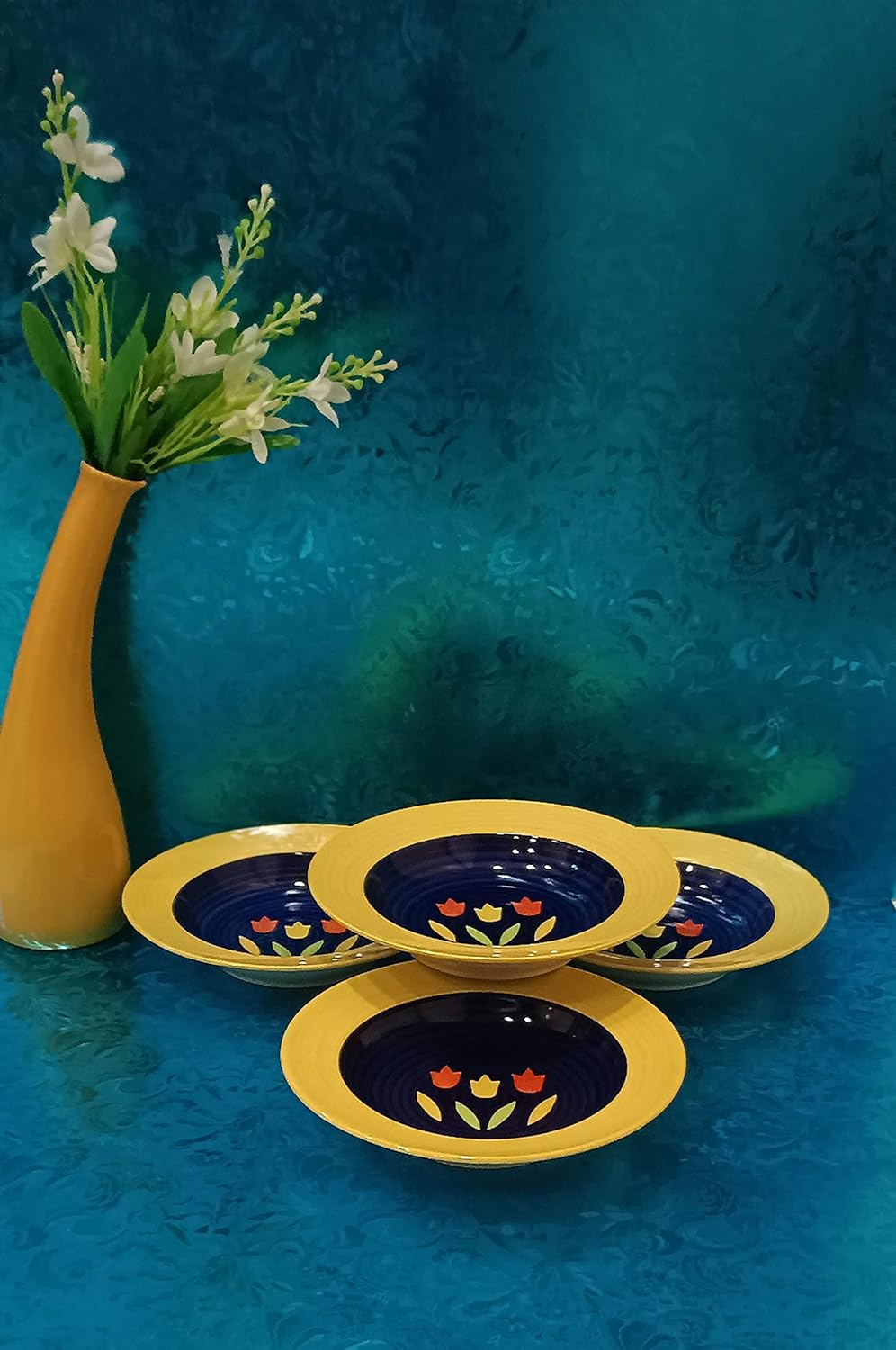 Caffeine Ceramic Handmade Stoneware Orange Beige Soup Plates/Pasta Plate/Maggie Plate/Macaroni Plate 9" (Set of 4 Dishwasher & Microwave Safe) - Caffeine Premium Stoneware