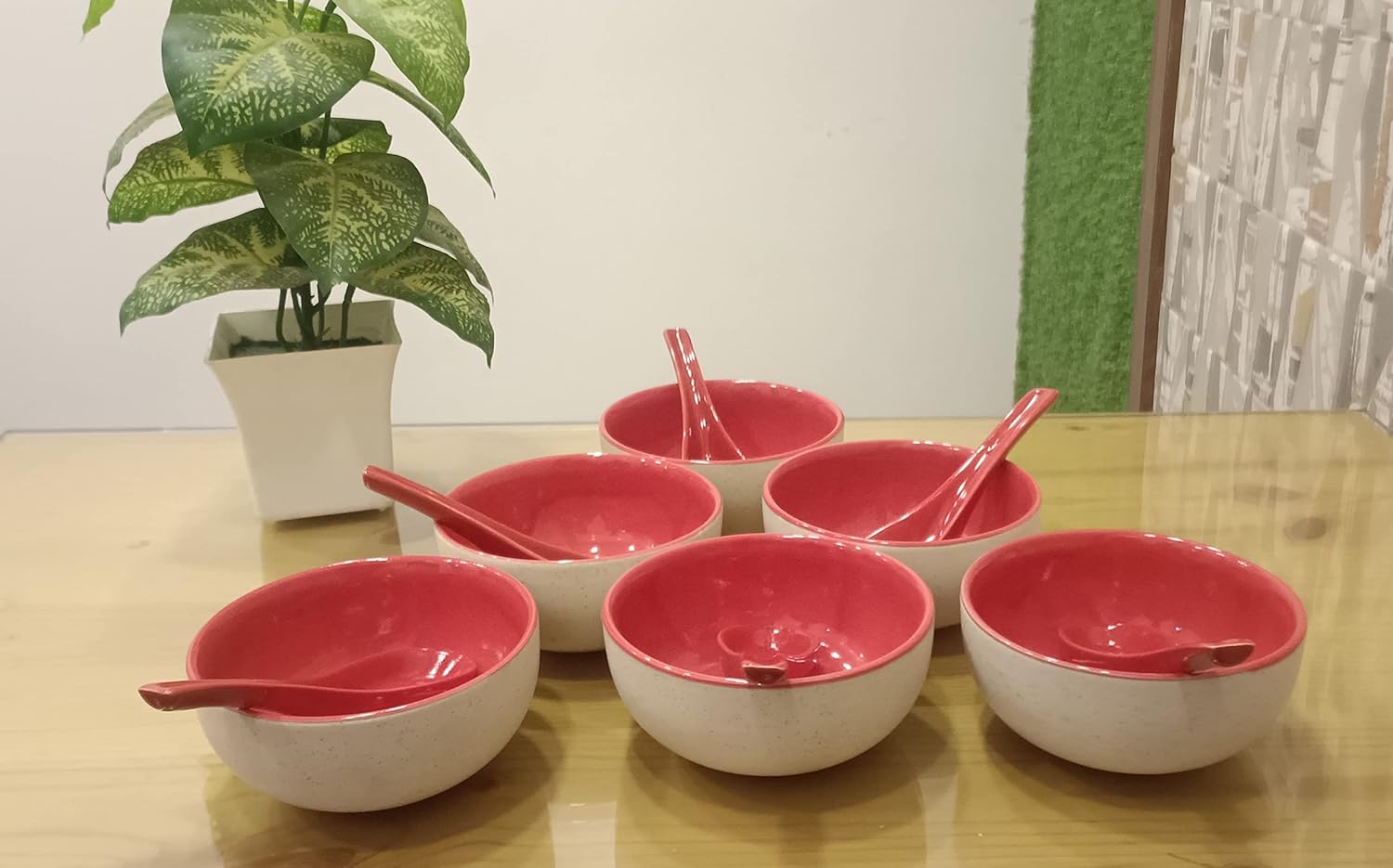 Caffeine Ceramic Stoneware Handmade red & White Soup Bowl with spoon set of 6 - Caffeine Premium Stoneware