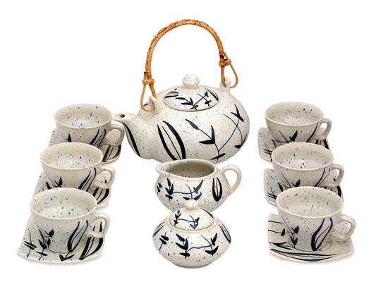 Caffeine Ceramic Handmade Stoneware White Bamboo Style Leaf Printed Tea Set of 15 - Caffeine Premium Stoneware