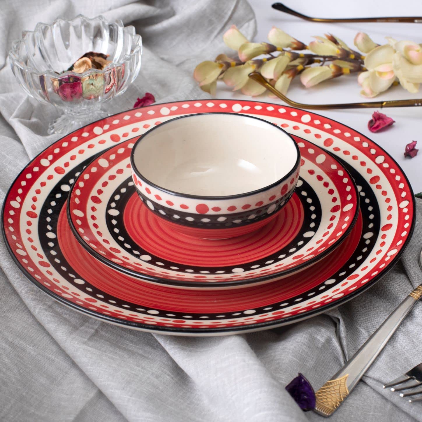 Caffeine Ceramic Stoneware Handmade Red & Black Dot Combo Dinner Set of 8 - Caffeine Premium Stoneware