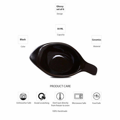 Caffeine Ceramic Handmade Black Glossy Dip and Sauce (Set of 6, 40 ml) - Caffeine Premium Stoneware