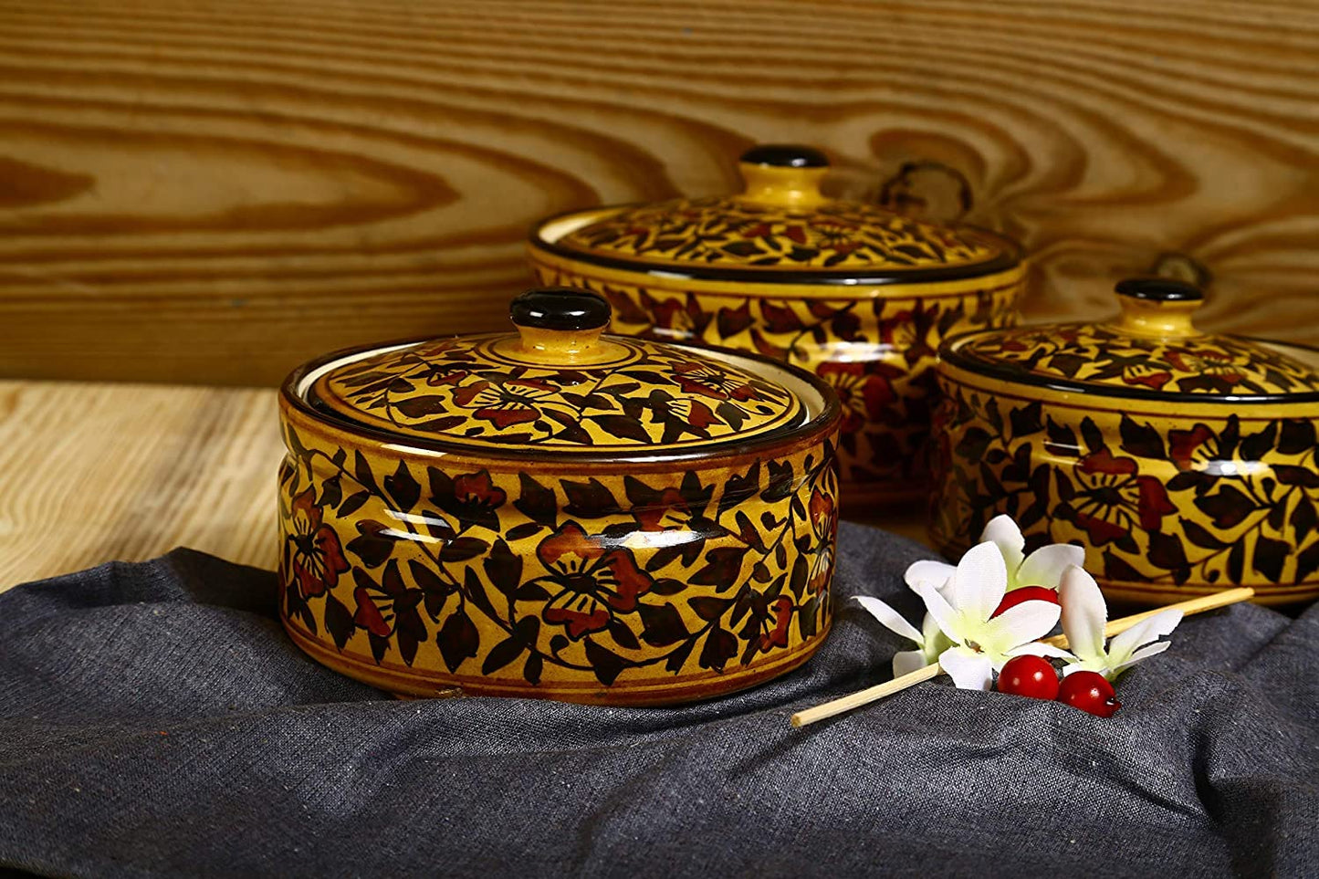 Caffeine Ceramic Handmade Brown Sehra Serving Casserole with Lid (Set of 3) - Caffeine Premium Stoneware