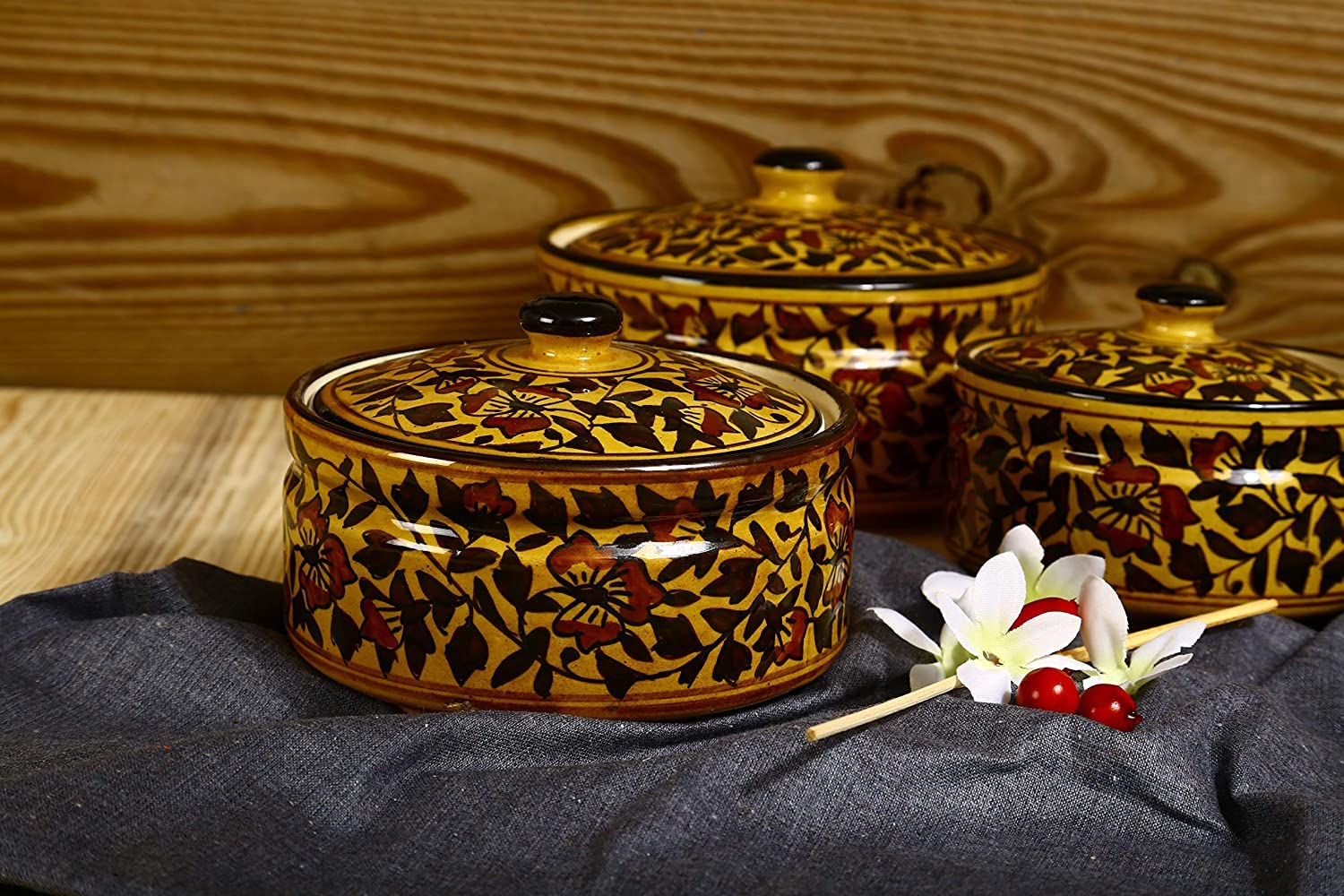 Caffeine Ceramic Handmade Brown Sehra Serving Casserole with Lid (Set of 3) - Caffeine Premium Stoneware