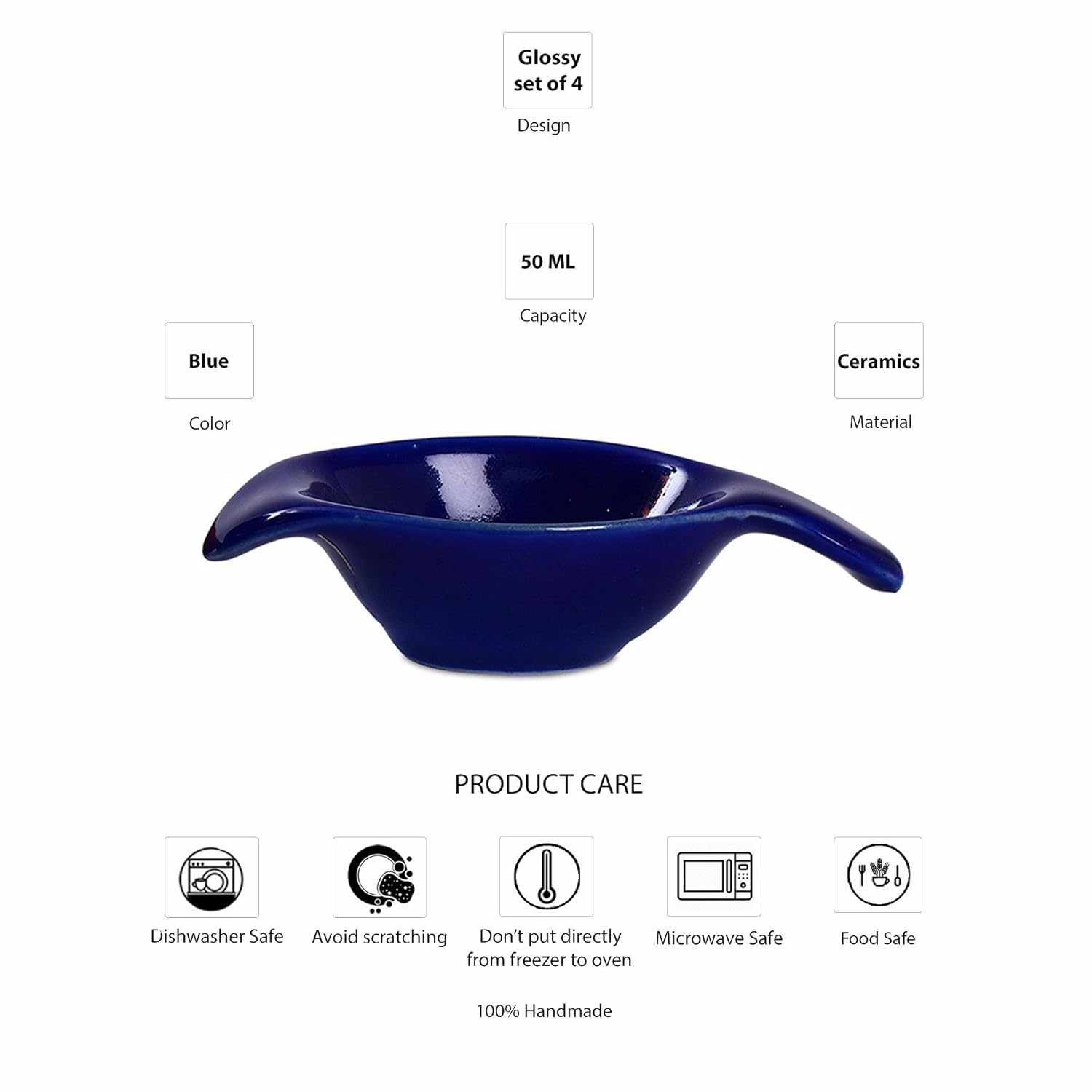 Caffeine Ceramic Stoneware Handmade Blue Glossy Dip and Sauce (Set of 4, 40 ml) - Caffeine Premium Stoneware