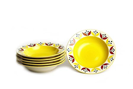 Caffeine Ceramic Handmade Stoneware Yellow Leaf Print 9'' Soup Plates set of 6