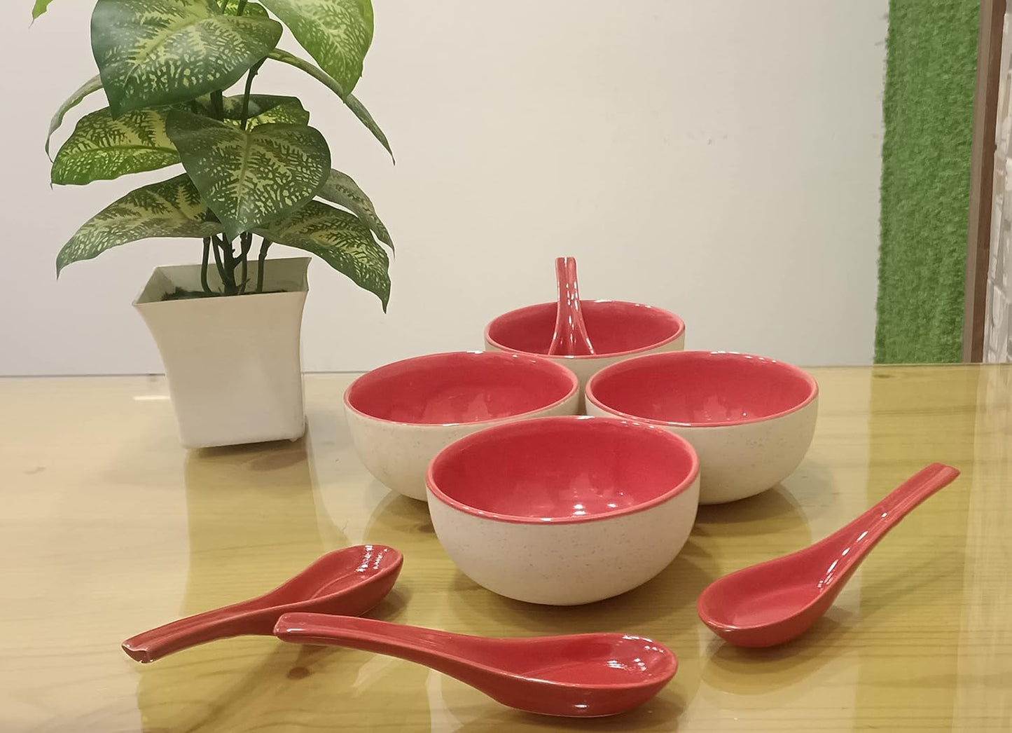 Caffeine Ceramic Stoneware Handmade red & White Soup Bowl with spoon set of 6 - Caffeine Premium Stoneware