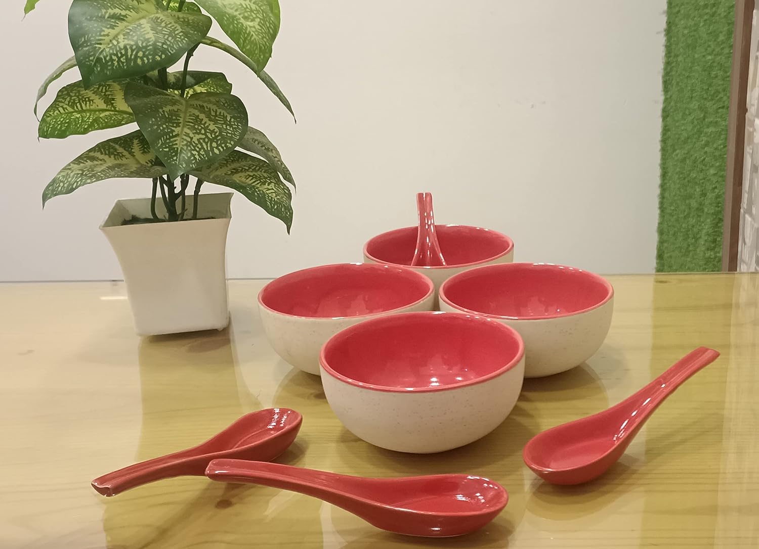 Caffeine Ceramic Stoneware Handmade red & White Soup Bowl with spoon set of 6 - Caffeine Premium Stoneware