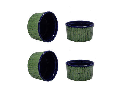 Caffeine Ceramic Handmade Green and Glossy Blue Ramekins Bowls – (Set of 4, 150 ml) - Caffeine Premium Stoneware