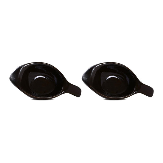 Caffeine Ceramic Stoneware Handmade Black Glossy Diya Shape Dip and Sauce (Set of 2, 40 ml) - Caffeine Premium Stoneware