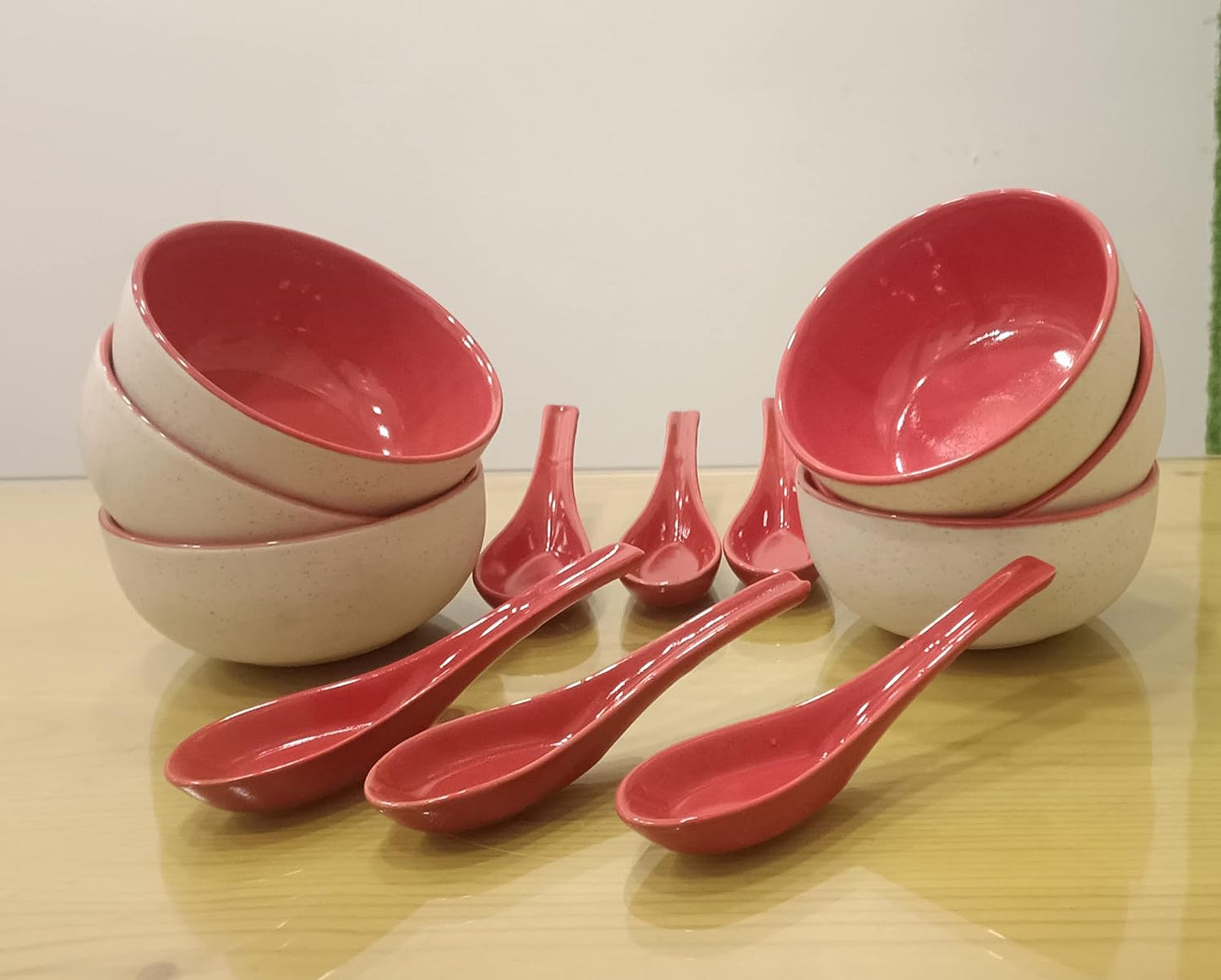 Caffeine Ceramic Stoneware Handmade red & White Soup Bowl with spoon set of 6 - Caffeine Premium Stoneware