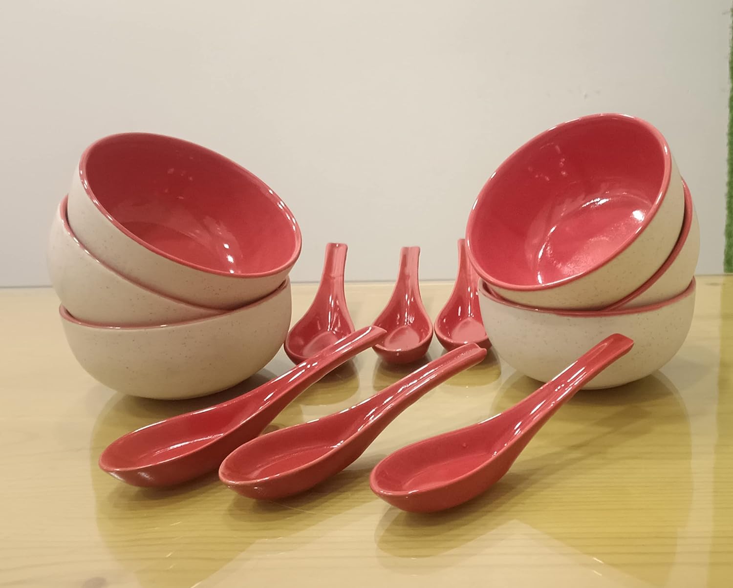 Caffeine Ceramic Stoneware Handmade red & White Soup Bowl with spoon set of 6 - Caffeine Premium Stoneware