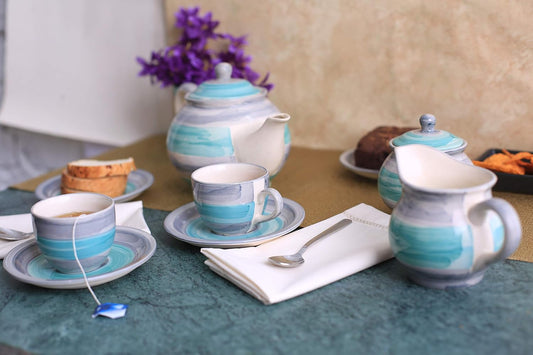 Caffeine Ceramic Handmade Stoneware Sea Green Printed Tea Set of 15 - Caffeine Premium Stoneware