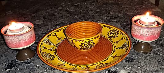 Caffeine Ceramic Handmade Mustard Brown Romani Dinner Set (Set of 2)