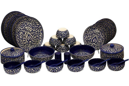 Caffeine Ceramic Handmade Blue Mughal Dinner Set (37 pieces - Microwave & Dishwasher Safe) - Caffeine Premium Stoneware