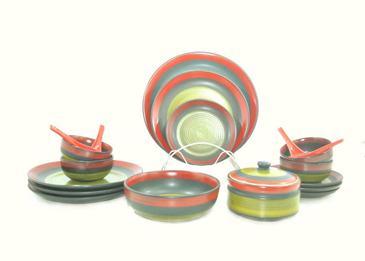Caffeine Ceramic Handmade Green Chandrakari Dinner Set (19 pcs.)