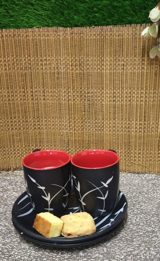 Caffeine Premium Ceramic Handmade Black Bamboo Combo Dinner Set (4 pcs.)