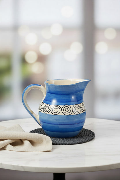 Caffeine Ceramic Handmade Stoneware Blue Doodle Water Jug Set of 1, (1800 ml)