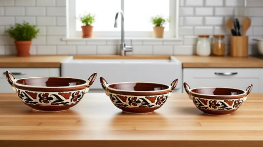 Caffeine Ceramic Handmade Stoneware Brown Flora Serving kadhai (Set of 3 Microwave & Dishwasher Safe)
