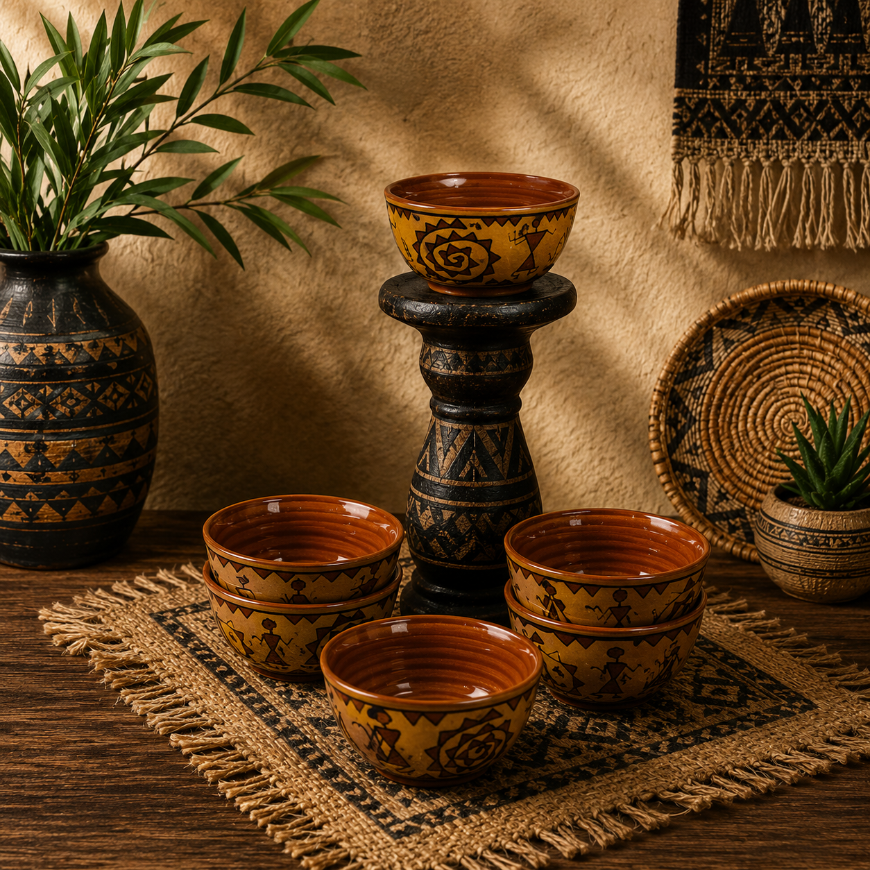 Caffeine Ceramic Handmade Brown Mustard Romani Katori Bowls (Set of 6)