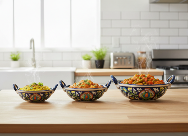 Caffeine Ceramic Handmade Stoneware Blue Jaipuri Serving kadhai (Set of 3 Microwave & Dishwasher Safe)