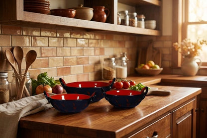 Caffeine Ceramic Handmade Stoneware Half Red & Black Leaf Print Serving kadhai (Set of 3 Dishwasher & Microwave Safe)