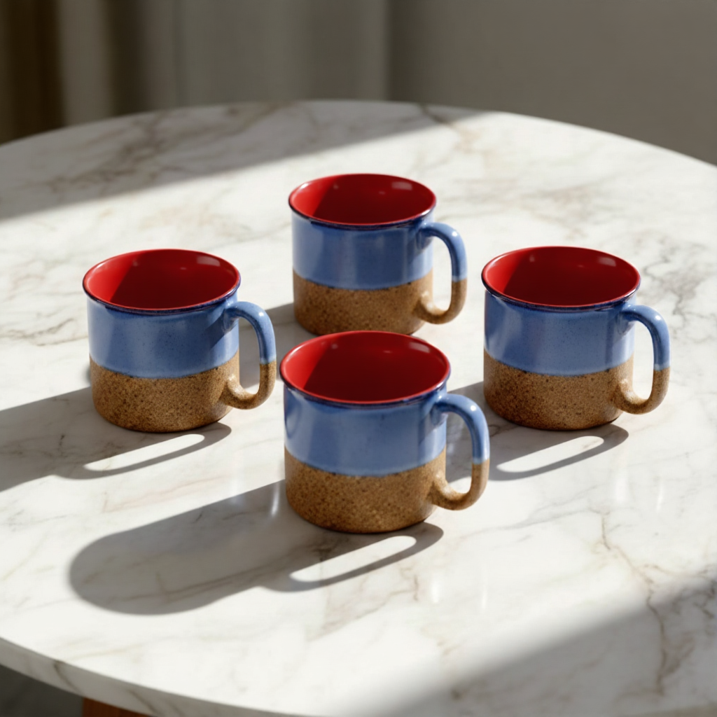 Caffeine Ceramic Handmade Blue and Mustard Maggie Mug (Set of 6)