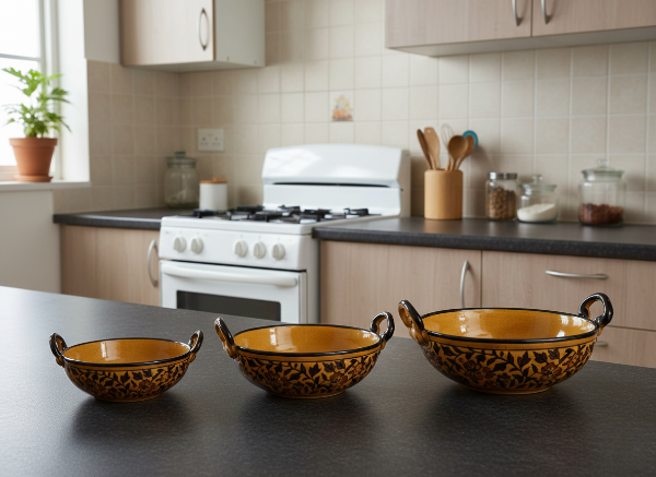 Caffeine Ceramic Handmade Stoneware Brown sehra Serving kadhai (Set of 3 Microwave & Dishwasher Safe)