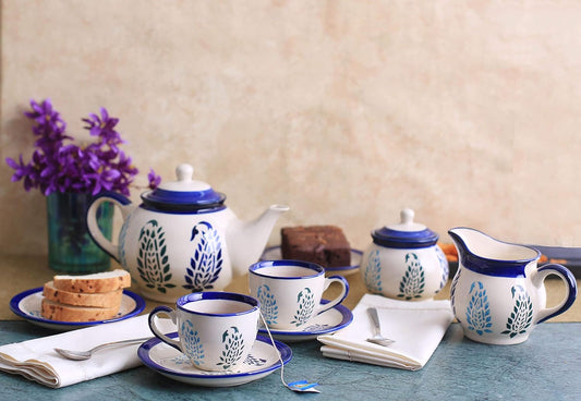 Caffeine Ceramic Handmade Stoneware Blue Boota Tea Set of 15 pcs - Caffeine Premium Stoneware