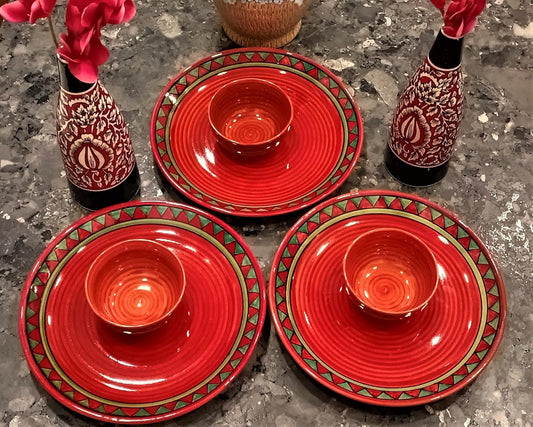 Caffeine Ceramic Handmade Red & Green Tribal Dinner Set (Set of 6)