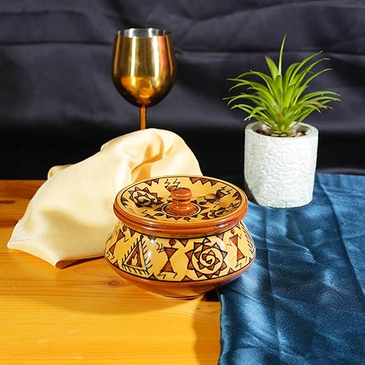 Caffeine Ceramic Handmade Mustard Romani Serving Handi with Lid (Set of 1) extra small