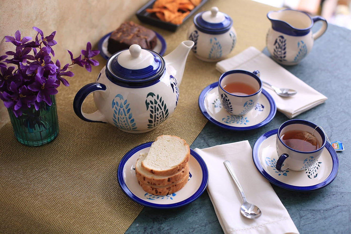 Caffeine Ceramic Handmade Stoneware Blue Boota Tea Set of 15 pcs - Caffeine Premium Stoneware