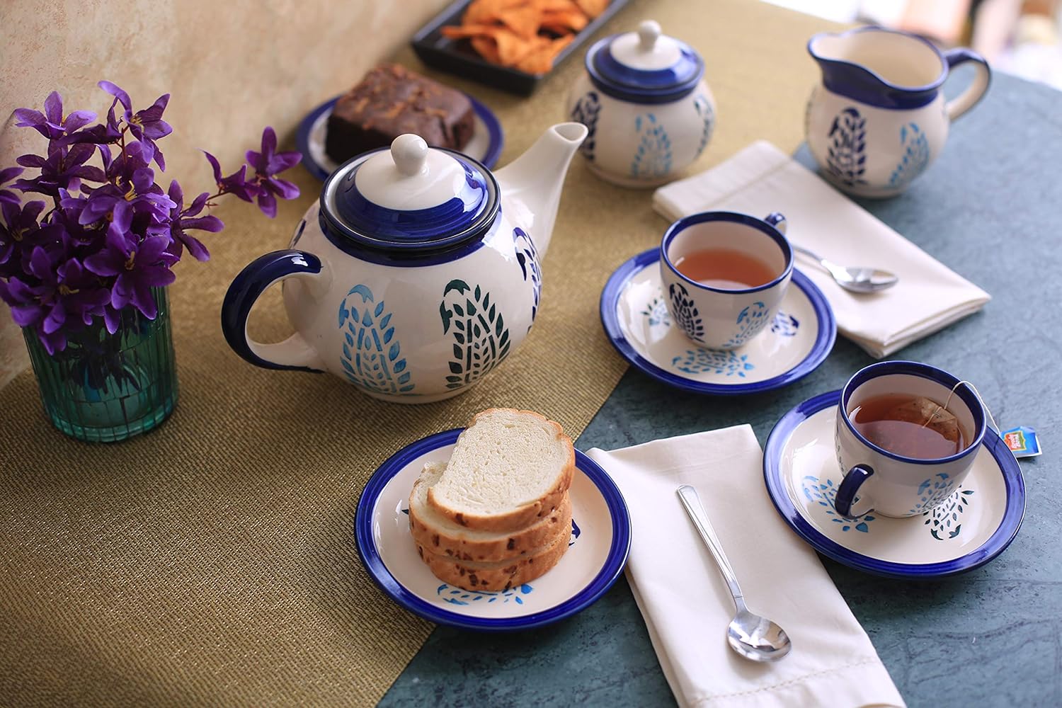 Caffeine Ceramic Handmade Stoneware Blue Boota Tea Set of 15 pcs - Caffeine Premium Stoneware