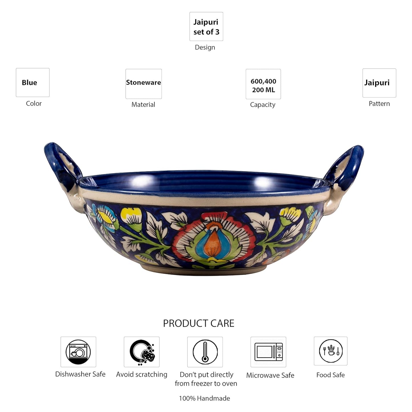 Caffeine Ceramic Handmade Stoneware Blue Jaipuri Serving kadhai (Set of 3 Microwave & Dishwasher Safe) - Caffeine Premium Stoneware