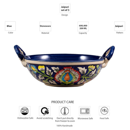 Caffeine Ceramic Handmade Stoneware Blue Jaipuri Serving kadhai (Set of 3 Microwave & Dishwasher Safe) - Caffeine Premium Stoneware