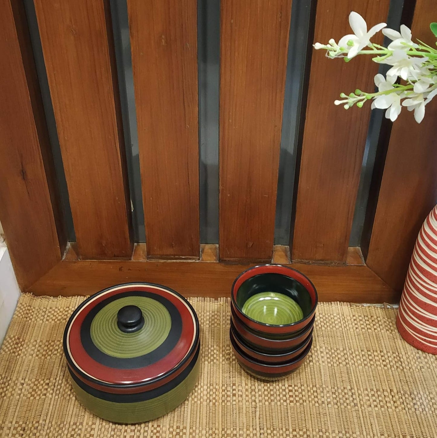 Caffeine Ceramic Handmade Green Chandrakari Combo Dinner Set (9 pcs.)