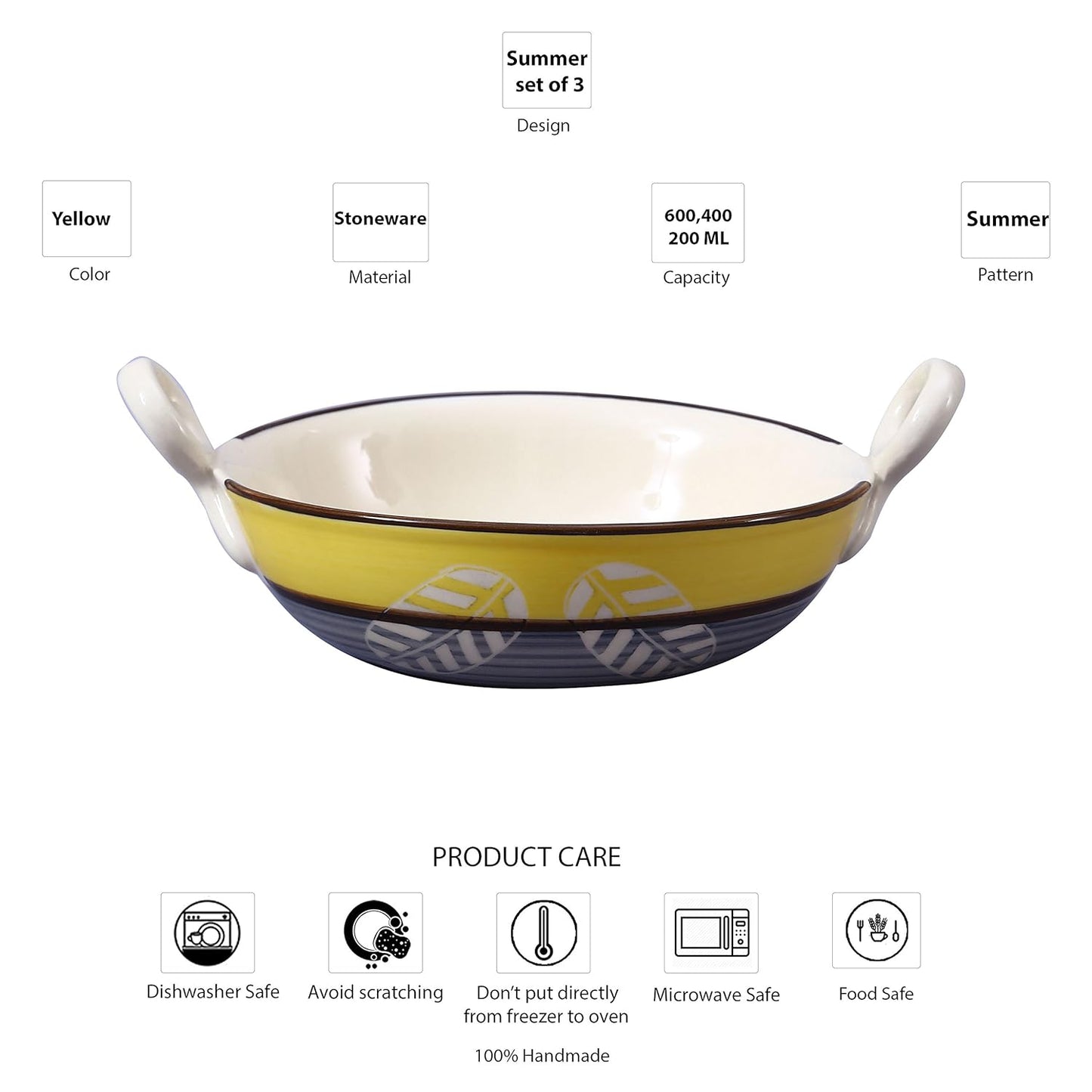 Caffeine Ceramic Handmade Stoneware Yellow & Grey Leaf Print Serving kadhai (Set of 3 Microwave & Dishwasher Safe) - Caffeine Premium Stoneware