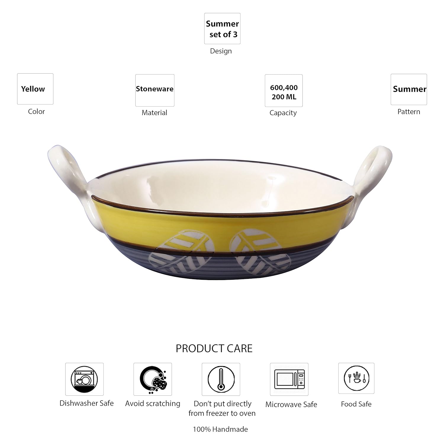 Caffeine Ceramic Handmade Stoneware Yellow & Grey Leaf Print Serving kadhai (Set of 3 Microwave & Dishwasher Safe) - Caffeine Premium Stoneware