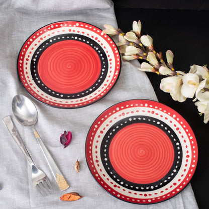 Caffeine Ceramic Stoneware Handmade Red & Black Dot Combo Dinner Set of 8 - Caffeine Premium Stoneware