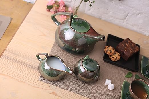 Caffeine Ceramic Handmade Green Ferrous Printed Tea Sets (Set of 15 pcs) - Caffeine Premium Stoneware