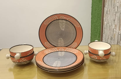 Caffeine Ceramic Handmade Red & Black Combo Dinner Set ( 15 pcs. Microwave & Dishwasher Safe )