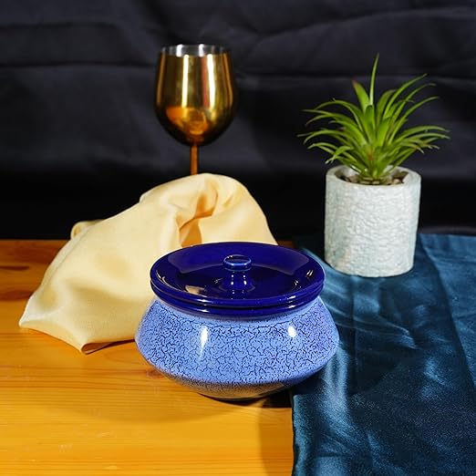 Caffeine Ceramic Handmade Blue Crackle Serving Handi with Lid (Set of 1) extra small