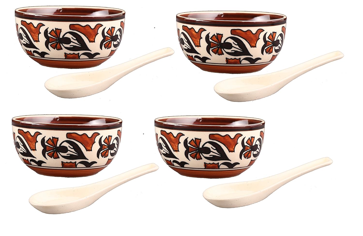 Caffeine Ceramic Handmade Rustic Flora Soup Bowls with Spoon Set 4 - Caffeine Premium Stoneware