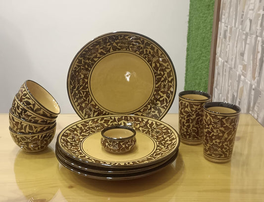 Caffeine Ceramic Handmade Brown sehra Dinner Set (Set of 11)pcs