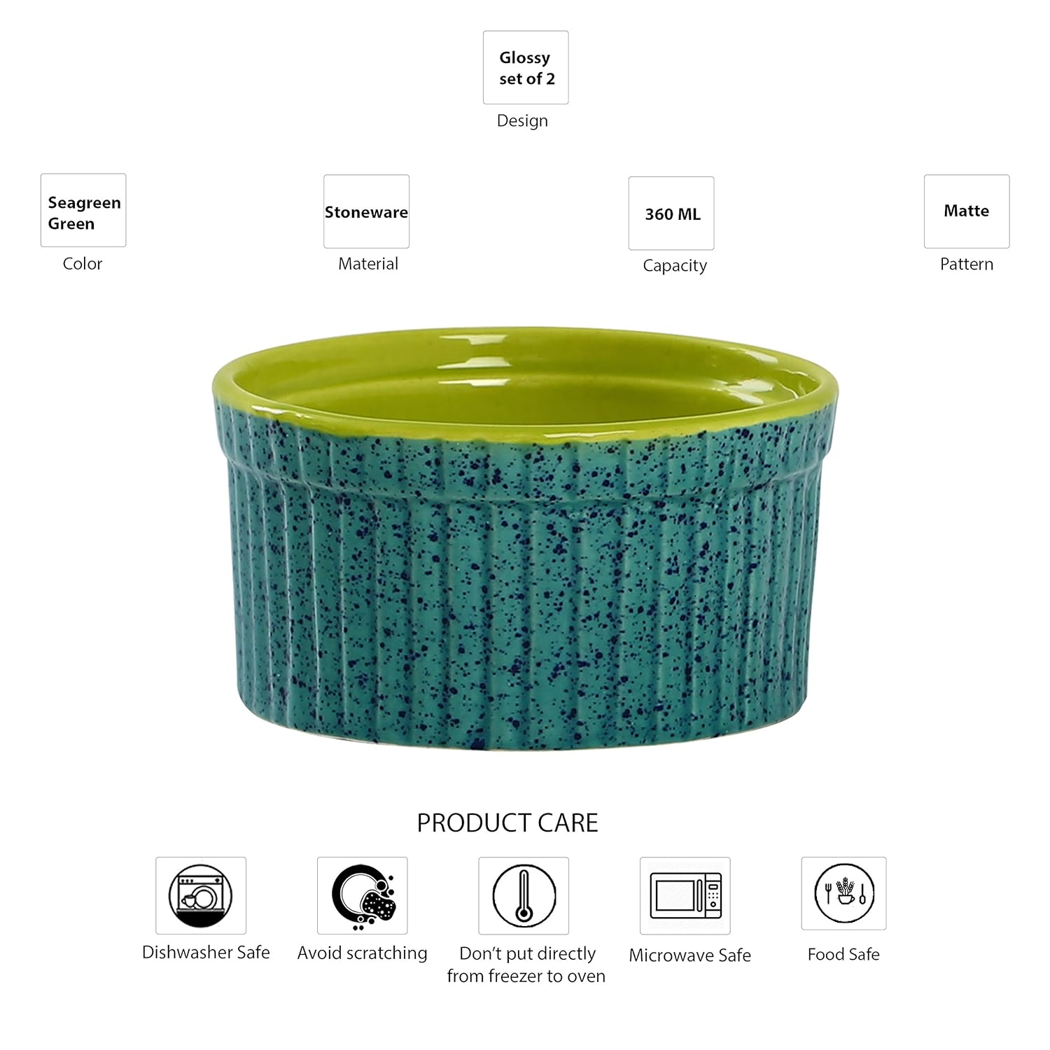 Caffeine Ceramic Handmade Glossy Turquoise Green Ramekin bowl (Set of 2, 150) - Caffeine Premium Stoneware