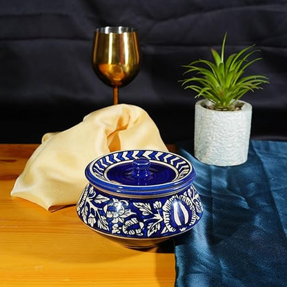 Caffeine Ceramic Handmade Blue Mughal Serving Handi with Lid (Set of 1) Large
