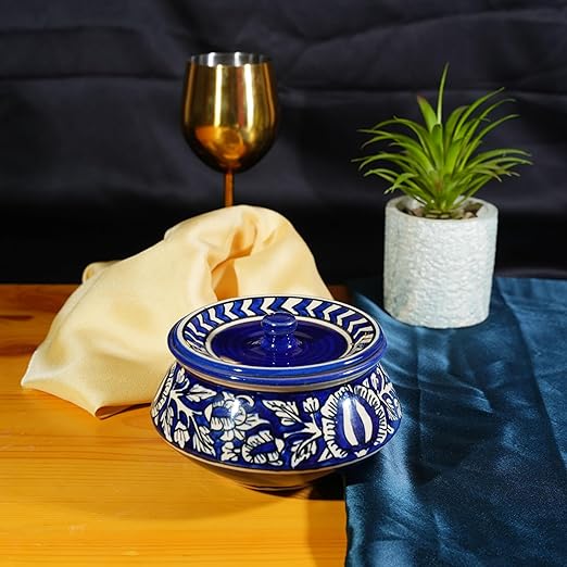 Caffeine Ceramic Handmade Blue Mughal Serving Handi with Lid (Set of 1) extra small