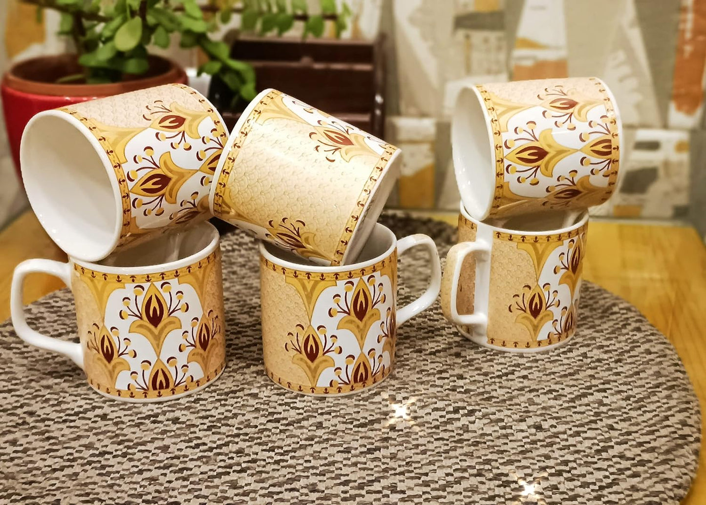 Caffeine Ceramic Handmade Yellow Gold Pattern Tea Cup Set Set of 2 - Caffeine Premium Stoneware
