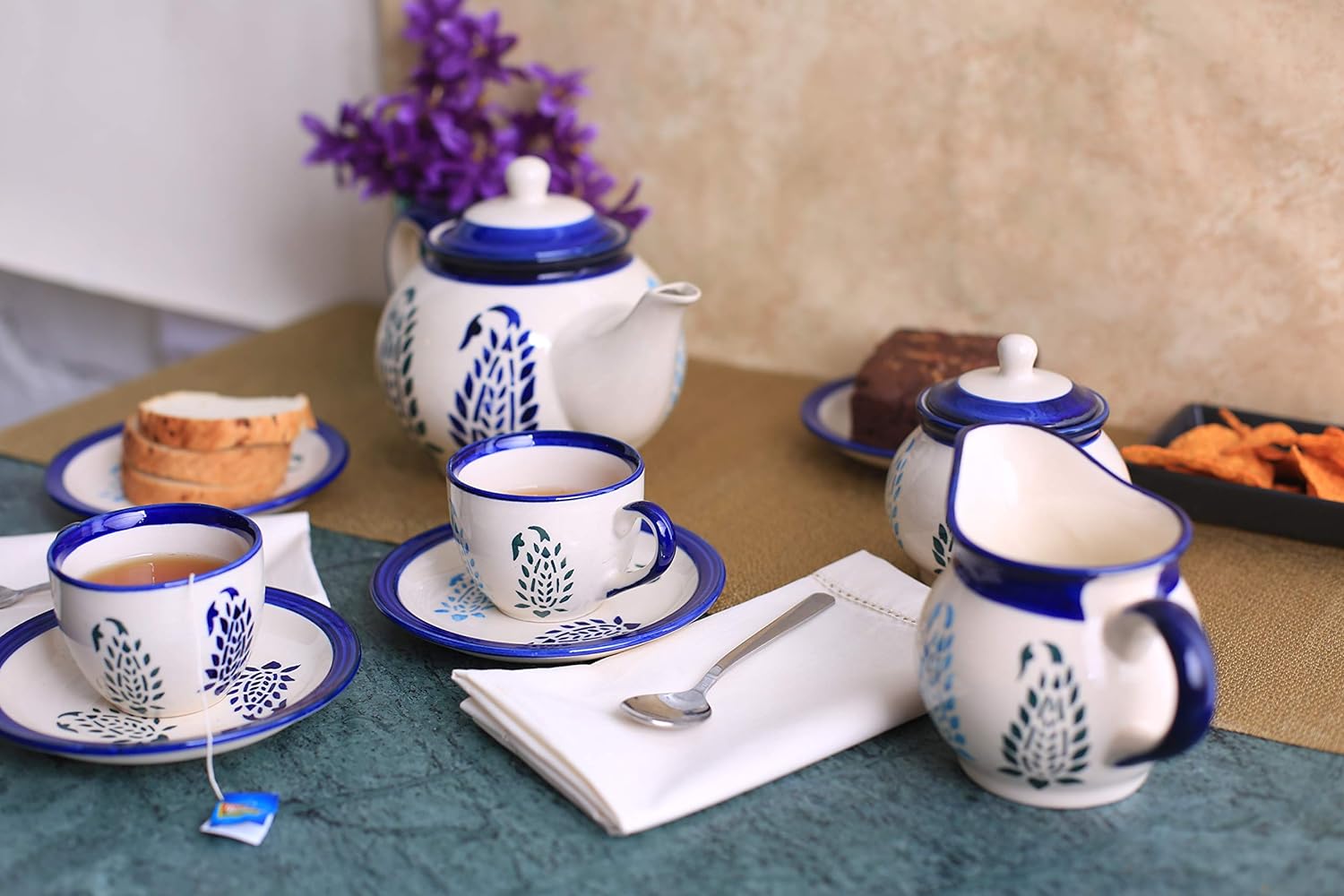 Caffeine Ceramic Handmade Stoneware Blue Boota Tea Set of 15 pcs - Caffeine Premium Stoneware