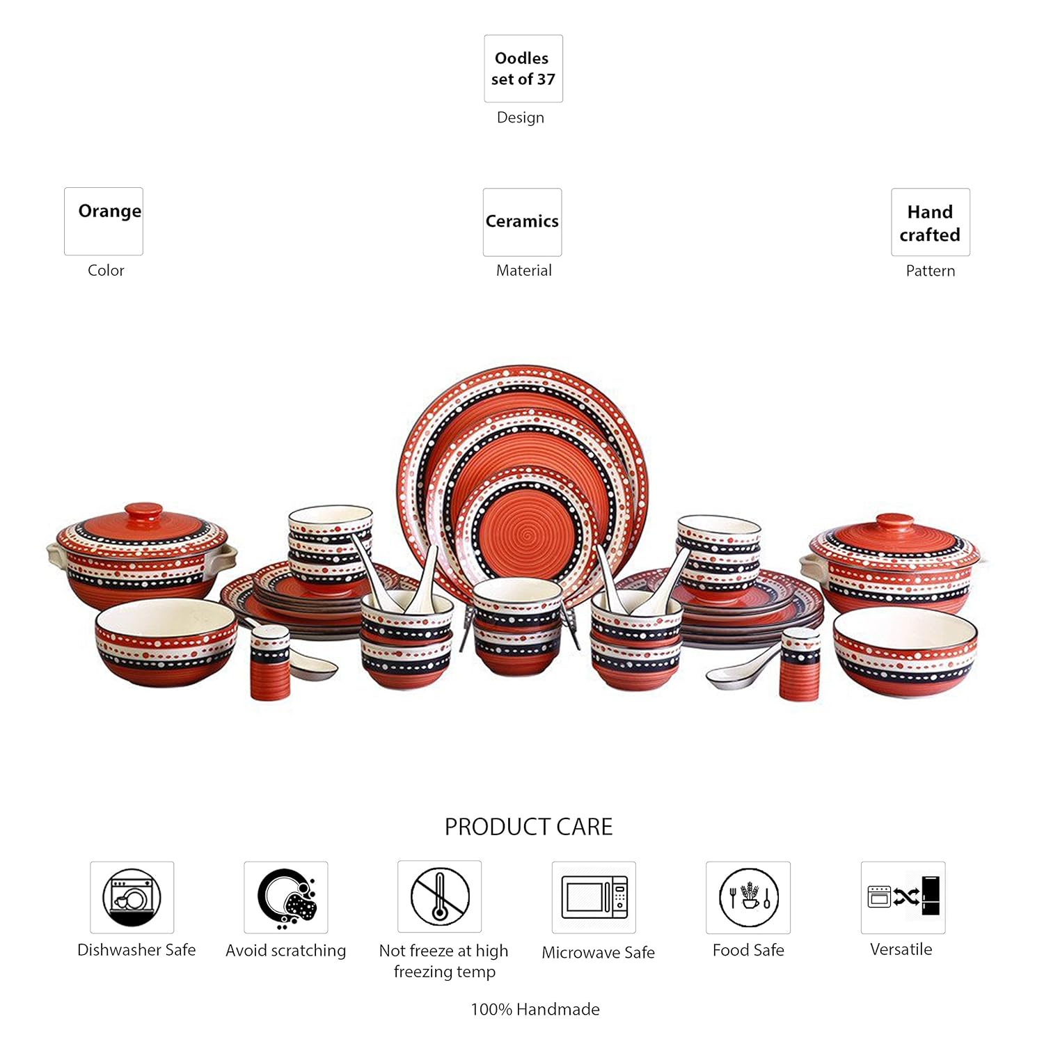 Caffeine Ceramic Handmade Red and Black Dotted Dinner Set (37 pieces - Microwave & Dishwasher Safe) - Caffeine Premium Stoneware