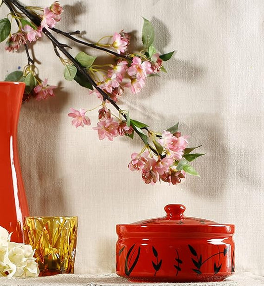Caffeine Ceramic Handmade Red Bamboo Serving Casserole (Set of 1, Medium)